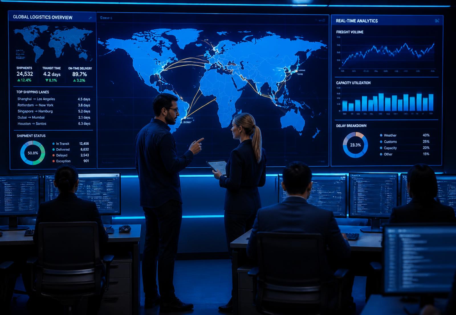 Freight operations control room with live shipping analytics on large screens