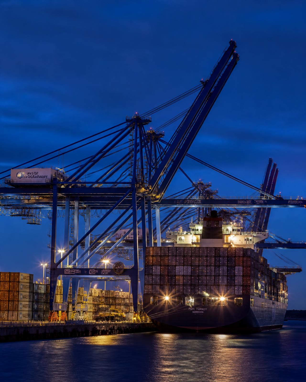 Gantry cranes loading a container ship at a port terminal during blue hour